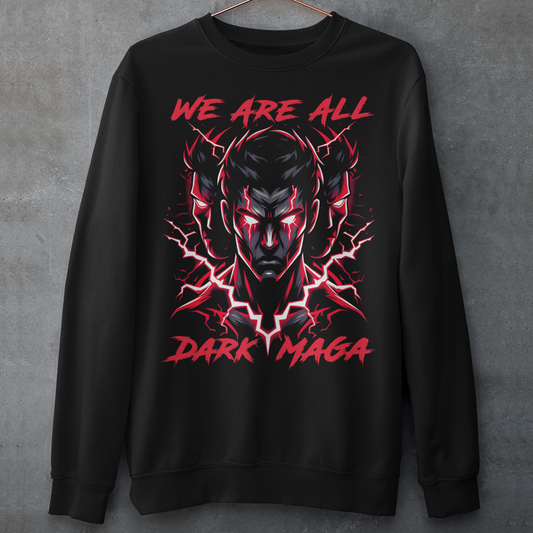 Black sweatshirt of people with glowing red eyes and lightning with text "WE ARE ALL DARK MAGA".