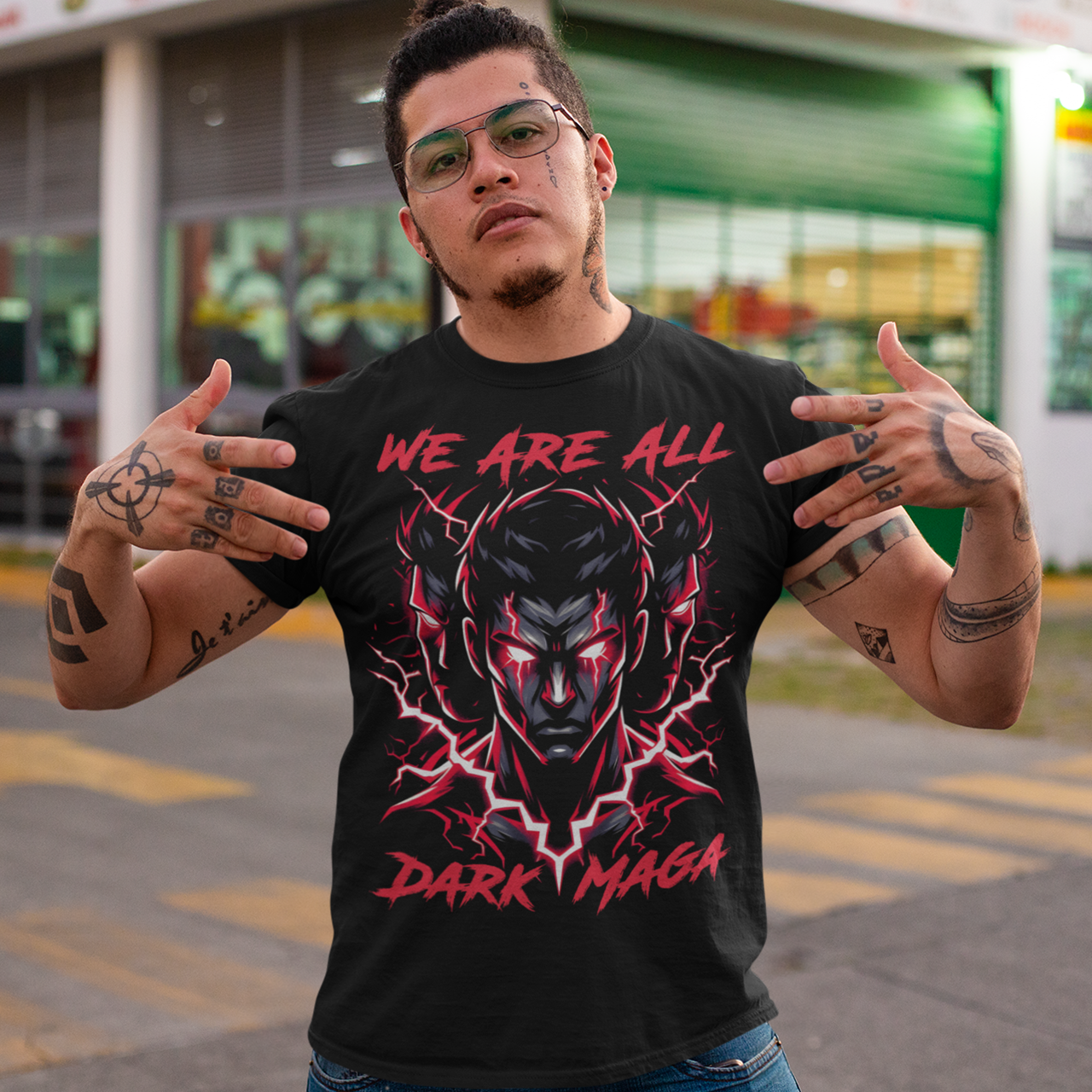 Black t-shirt of people with glowing red eyes and lightning with text "WE ARE ALL DARK MAGA".