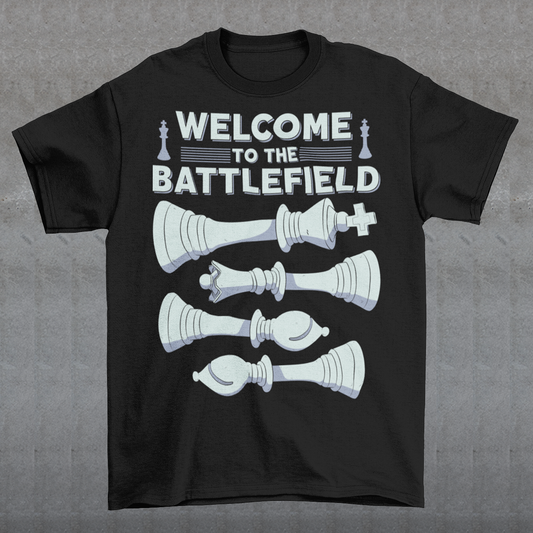 Step onto the board in style with this striking chess-themed t-shirt. Featuring four chess pieces boldly lined up across the chest, this design captures the power and elegance of the game. Above them, the phrase "WELCOME TO THE BATTLEFIELD" commands attention, setting the tone for every strategic thinker and competitor. Whether you're a seasoned grandmaster or just love the game, this shirt is your perfect uniform for everyday victories.