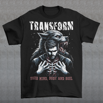 This dynamic t-shirt features a striking design of a man in mid-transformation into a werewolf, symbolizing inner strength and power. The man is depicted in three phases: human, part-wolf, and full werewolf, with vibrant, detailed art that captures the intensity of the transformation.