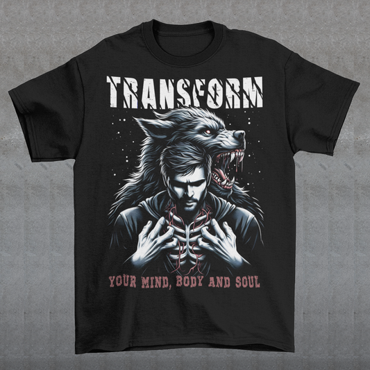This dynamic t-shirt features a striking design of a man in mid-transformation into a werewolf, symbolizing inner strength and power. The man is depicted in three phases: human, part-wolf, and full werewolf, with vibrant, detailed art that captures the intensity of the transformation.