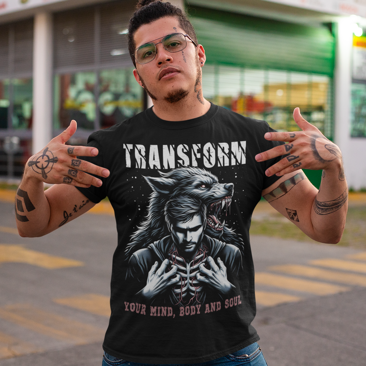 Black t-shirt of a man who transforms in to a werewolf with text "TRANSFORM YOUR MIND BODY AND SOUL."