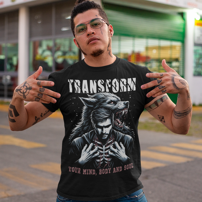 This dynamic t-shirt features a striking design of a man in mid-transformation into a werewolf, symbolizing inner strength and power. The man is depicted in three phases: human, part-wolf, and full werewolf, with vibrant, detailed art that captures the intensity of the transformation.