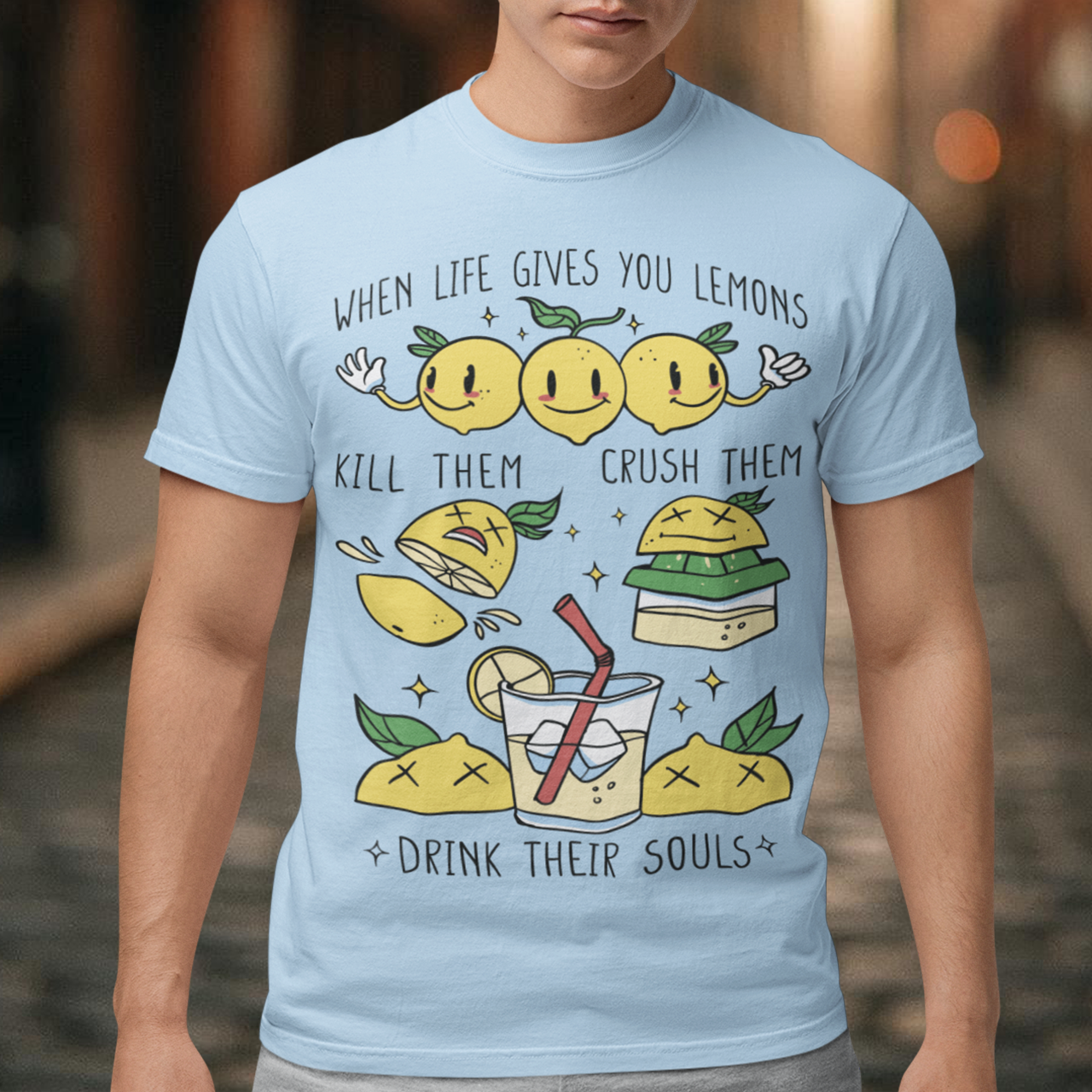 Introducing our adorable and quirky Lemonade-themed t-shirt that is sure to turn heads and bring a smile to your face! This shirt features a delightful design showcasing cute lemons being transformed into delicious lemonade, accompanied by the bold, tongue-in-cheek text: "WHEN LIFE GIVES YOU LEMONS, KILL THEM, CRUSH THEM AND DRINK THEIR SOULS."