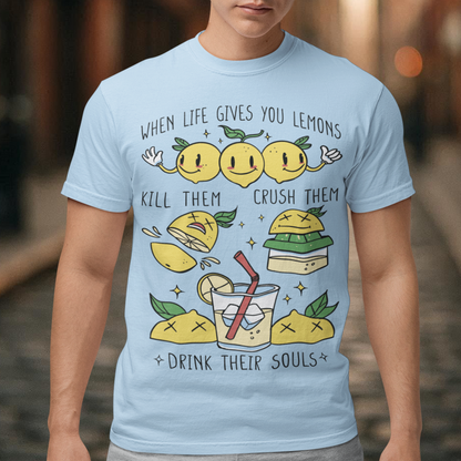 Introducing our adorable and quirky Lemonade-themed t-shirt that is sure to turn heads and bring a smile to your face! This shirt features a delightful design showcasing cute lemons being transformed into delicious lemonade, accompanied by the bold, tongue-in-cheek text: "WHEN LIFE GIVES YOU LEMONS, KILL THEM, CRUSH THEM AND DRINK THEIR SOULS."
