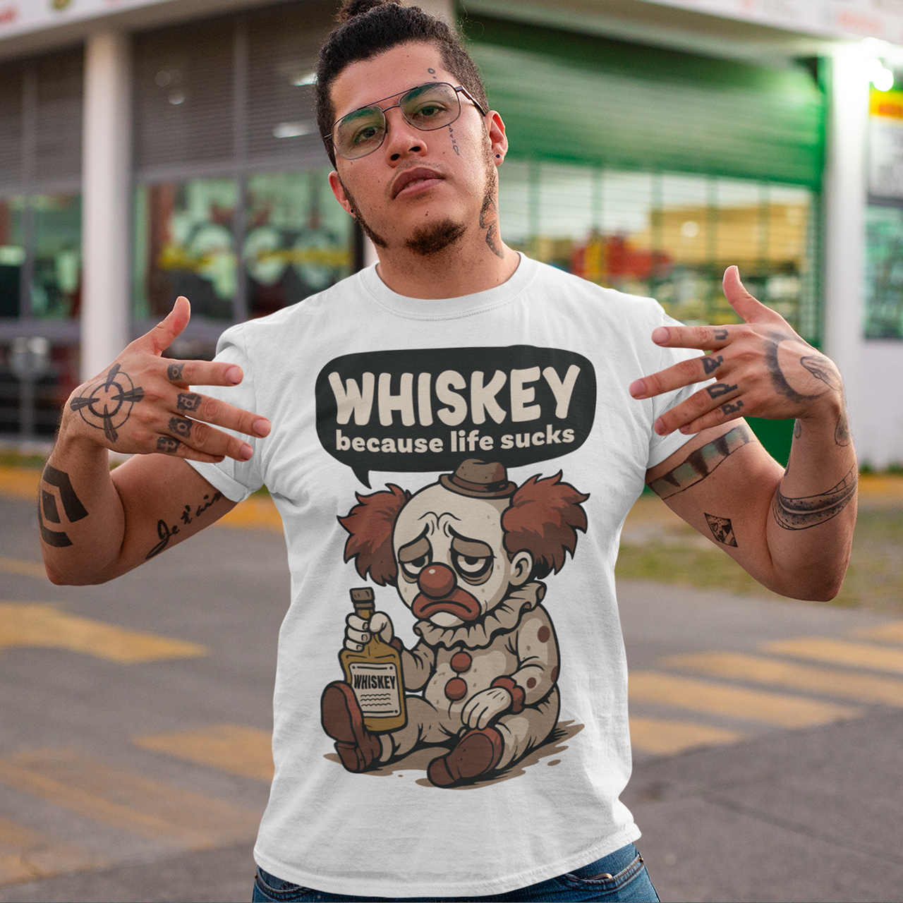 White t-shirt featuring a sad cartoon clown with messy red hair and a tired expression, sitting on the ground holding a bottle labeled whiskey. Above the character, bold text reads “Whiskey because life sucks.” The design combines dark humor with a playful cartoon style, creating a sarcastic and slightly edgy visual.