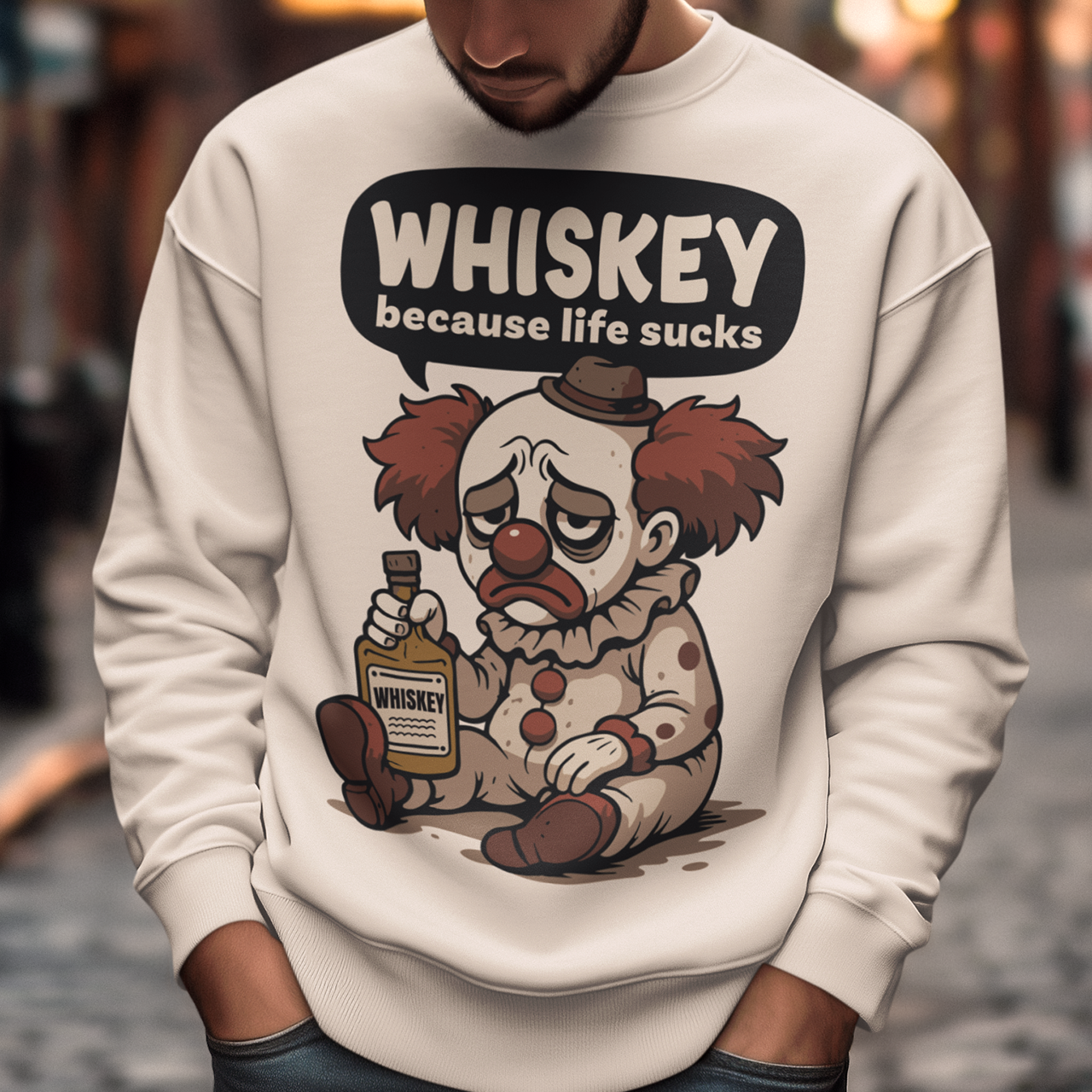 Beige sweatshirt featuring a sad cartoon clown with messy red hair and a tired expression, sitting on the ground holding a bottle labeled whiskey. Above the character, bold text reads “Whiskey because life sucks.” The design combines dark humor with a playful cartoon style, creating a sarcastic and slightly edgy visual.