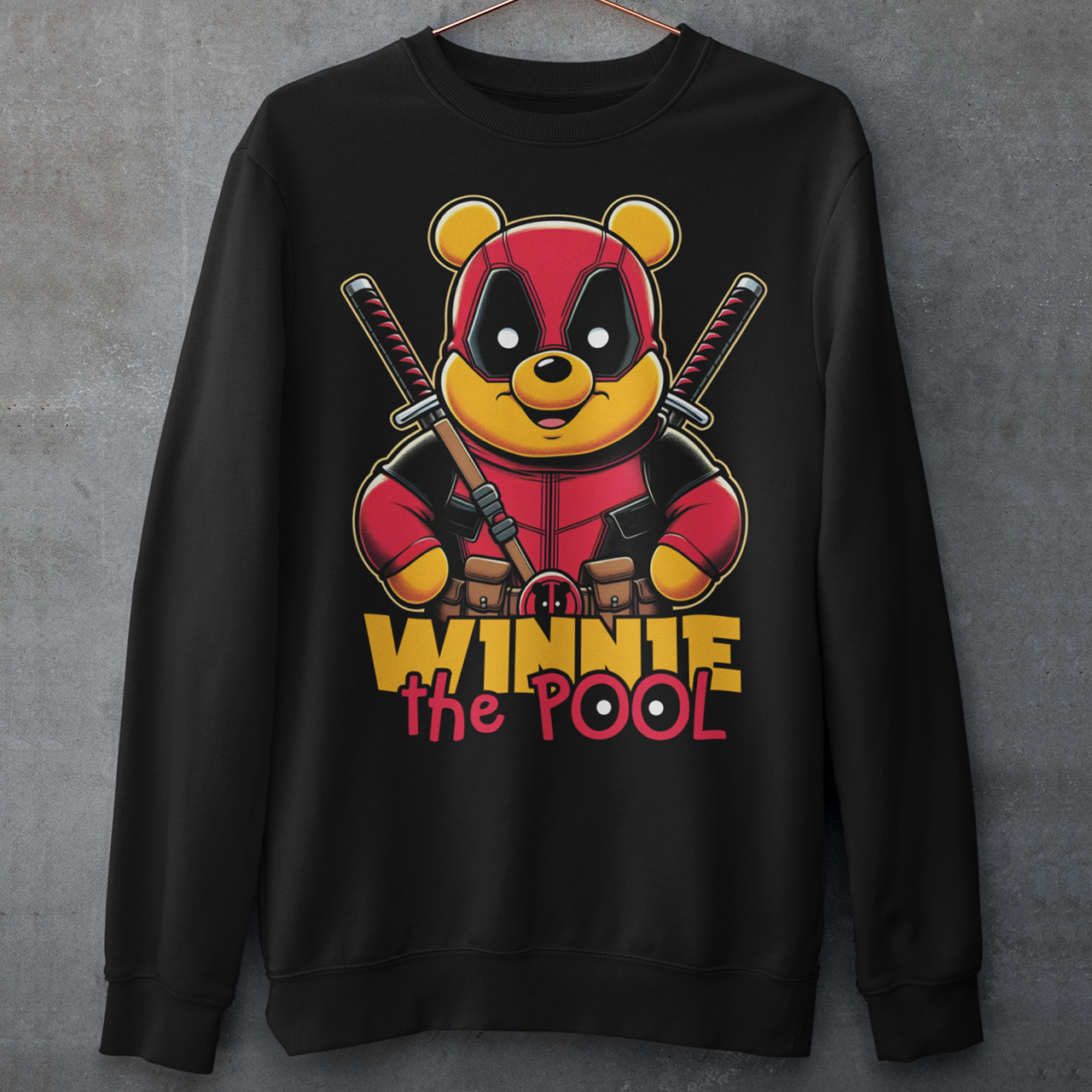 Black sweatshirt of Winnie the pooh dressed as a mercenary with samurai swords and text underneath "WINNIE THE POOL".