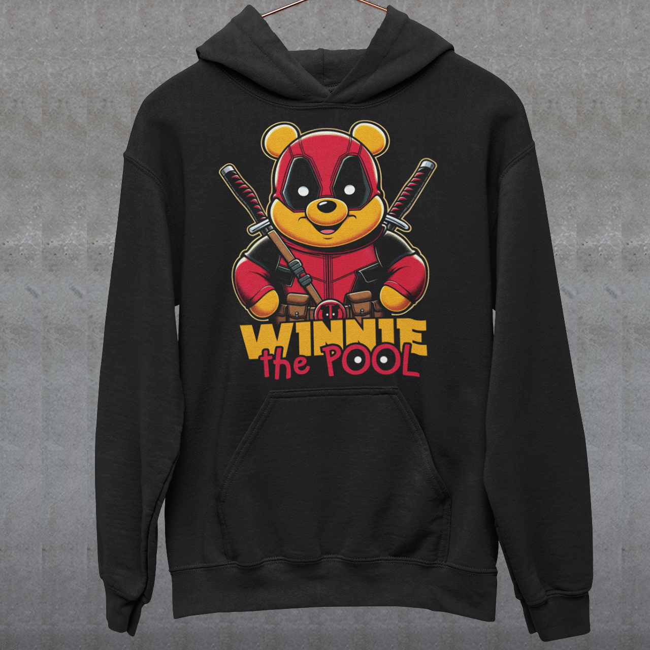 Black hoodie of Winnie the pooh dressed as a mercenary with samurai swords and text underneath "WINNIE THE POOL".