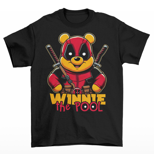 Black t-shirt of Winnie the pooh dressed as a mercenary with samurai swords and text underneath "WINNIE THE POOL".