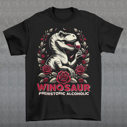 Introducing our "WINOSAUR" t-shirt, where prehistoric fun meets modern relaxation! This eye-catching design features a charming T-Rex delicately sipping a glass of wine, embodying the perfect blend of fierce and fabulous. Below this delightful scene, the text "WINOSAUR PREHISTORIC ALCOHOLIC" adds a playful twist, making it clear that even the mightiest of dinosaurs knew how to unwind. Ideal for wine lovers, dinosaur enthusiasts, and anyone who enjoys a good laugh.