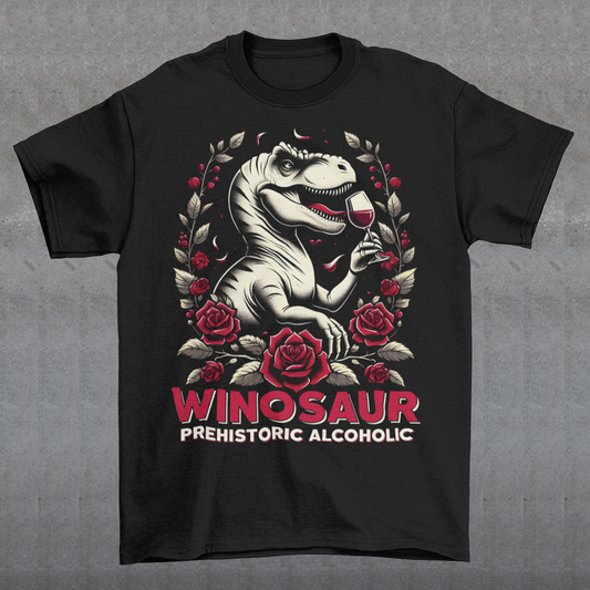 Introducing our "WINOSAUR" t-shirt, where prehistoric fun meets modern relaxation! This eye-catching design features a charming T-Rex delicately sipping a glass of wine, embodying the perfect blend of fierce and fabulous. Below this delightful scene, the text "WINOSAUR PREHISTORIC ALCOHOLIC" adds a playful twist, making it clear that even the mightiest of dinosaurs knew how to unwind. Ideal for wine lovers, dinosaur enthusiasts, and anyone who enjoys a good laugh.
