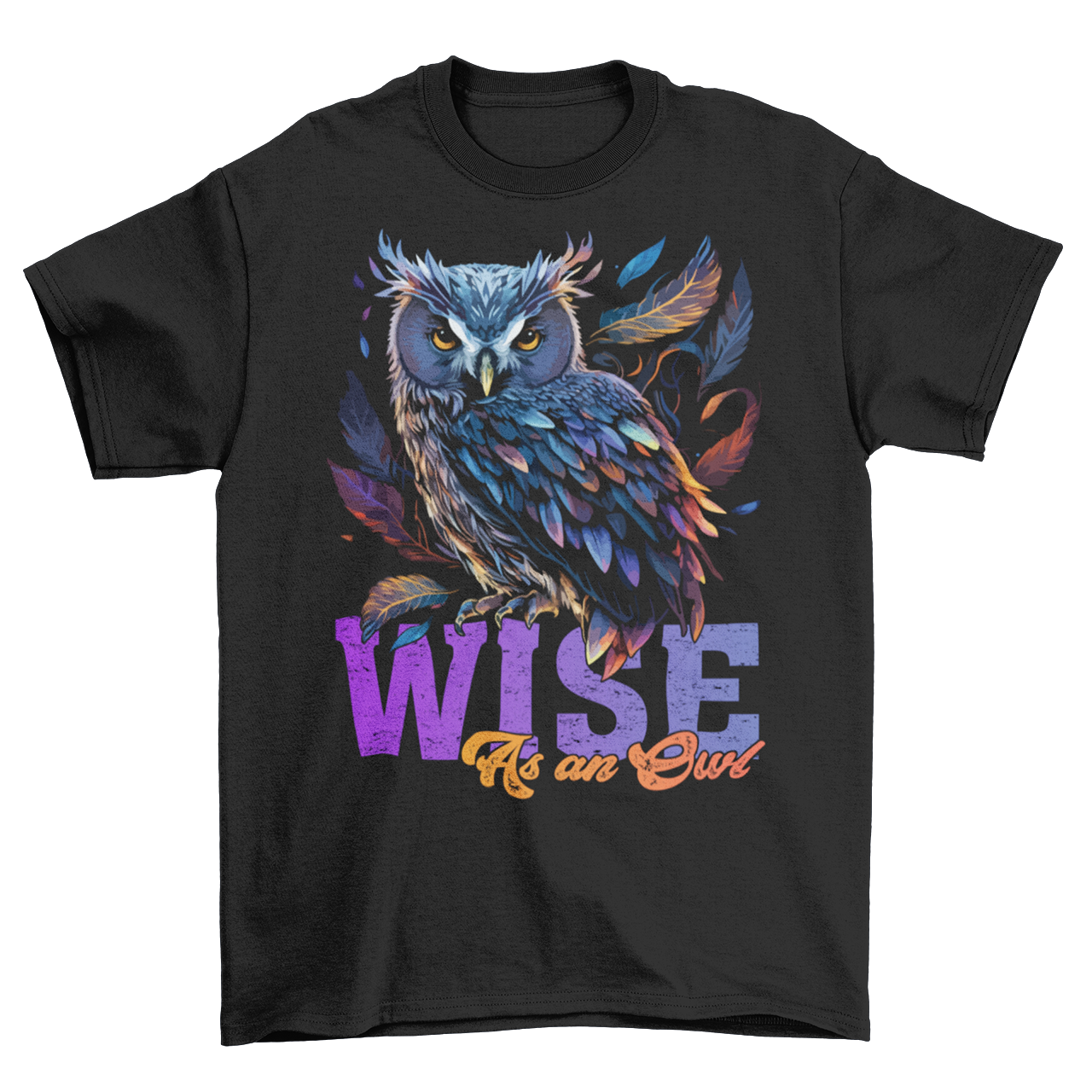 Black t-shirt with watercolor owl and text "WISE AS AN OWL".