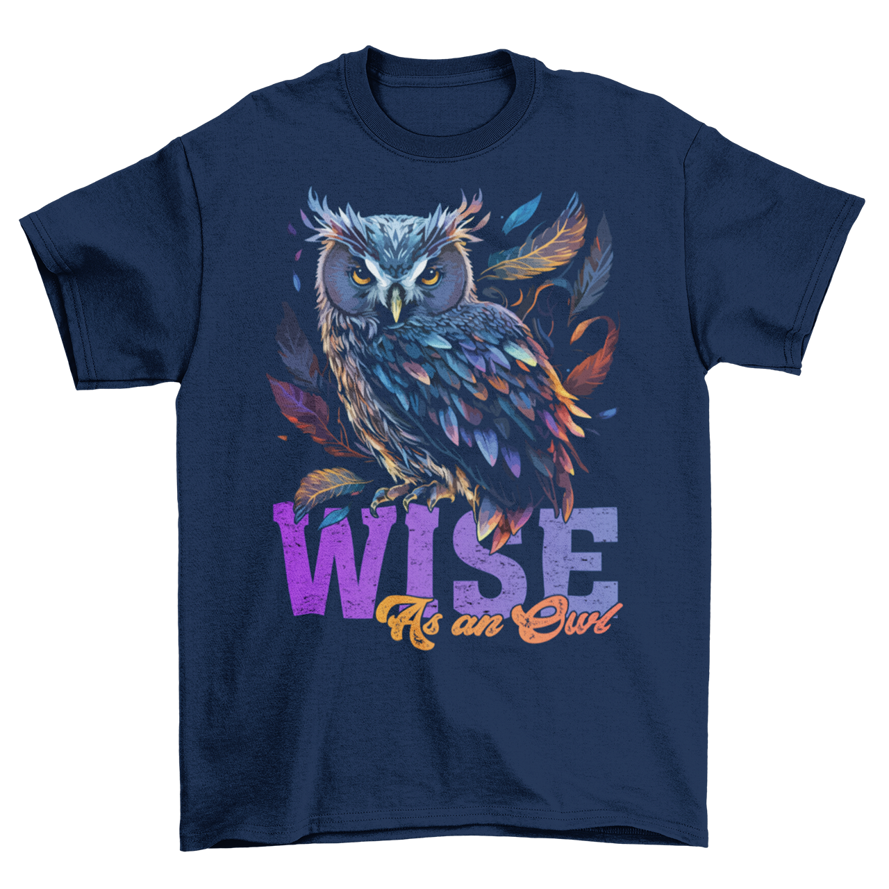 Navy t-shirt with watercolor owl and text "WISE AS AN OWL".