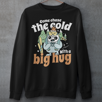 Hit the slopes in style with this playful Yeti Skiing sweatshirt! Featuring a whimsical illustration of a friendly yeti standing in the snow, this design pairs perfectly with the cozy, heartwarming message: "Come chase the cold with a big hug." Whether you're a winter sports enthusiast or just love mythical creatures with a soft side, this tee wraps comfort, humor, and chill vibes into one awesome package.