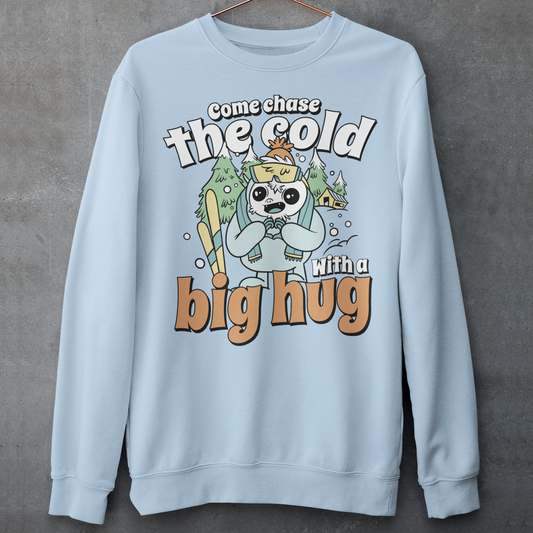 Hit the slopes in style with this playful Yeti Skiing sweatshirt! Featuring a whimsical illustration of a friendly yeti standing in the snow, this design pairs perfectly with the cozy, heartwarming message: "Come chase the cold with a big hug." Whether you're a winter sports enthusiast or just love mythical creatures with a soft side, this tee wraps comfort, humor, and chill vibes into one awesome package.