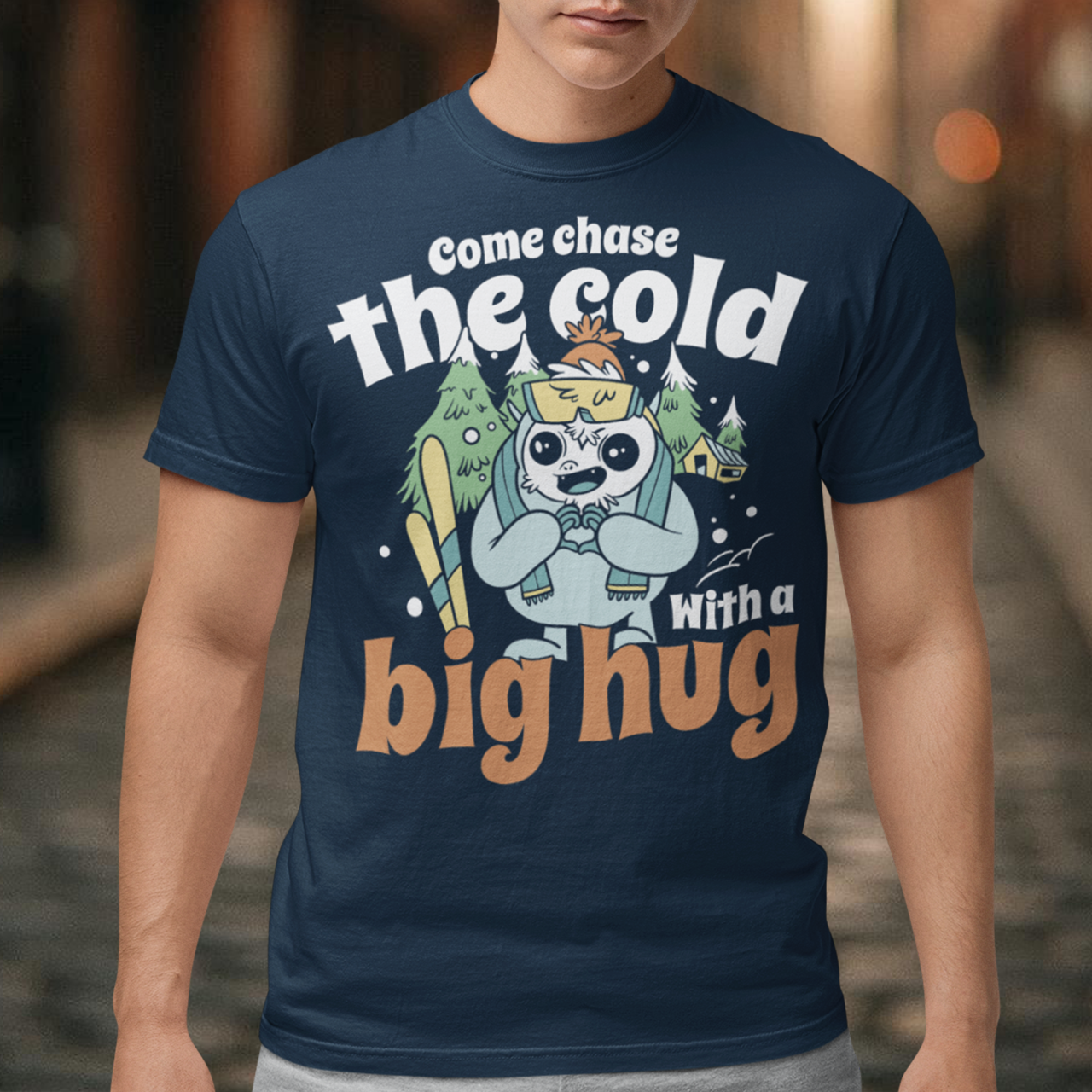 Hit the slopes in style with this playful Yeti Skiing t-shirt! Featuring a whimsical illustration of a friendly yeti standing in the snow, this design pairs perfectly with the cozy, heartwarming message: "Come chase the cold with a big hug." Whether you're a winter sports enthusiast or just love mythical creatures with a soft side, this tee wraps comfort, humor, and chill vibes into one awesome package.