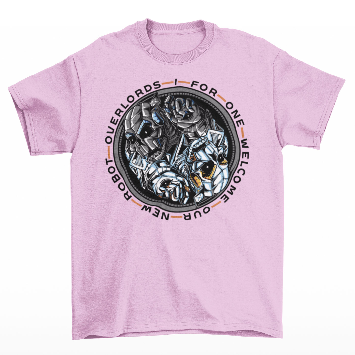 Pink t-shirt of a robot yin yang with text around "I FOR ONE WELCOME OUR NEW ROBOT OVERLORDS".