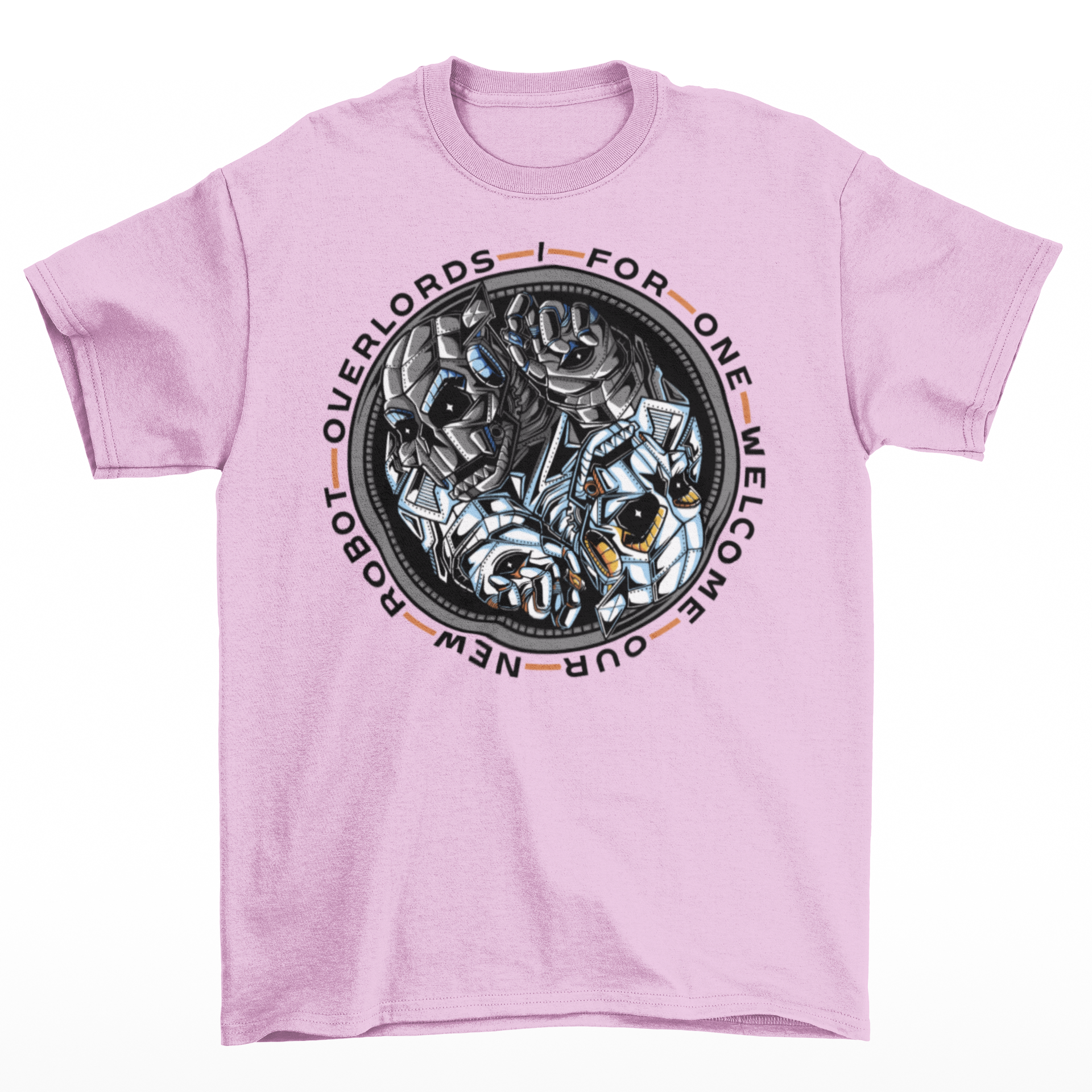 Pink t-shirt of a robot yin yang with text around "I FOR ONE WELCOME OUR NEW ROBOT OVERLORDS".