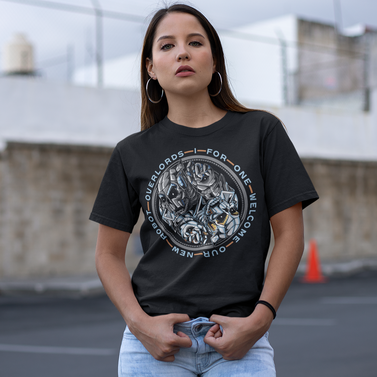 Black t-shirt of a robot yin yang with text around "I FOR ONE WELCOME OUR NEW ROBOT OVERLORDS".