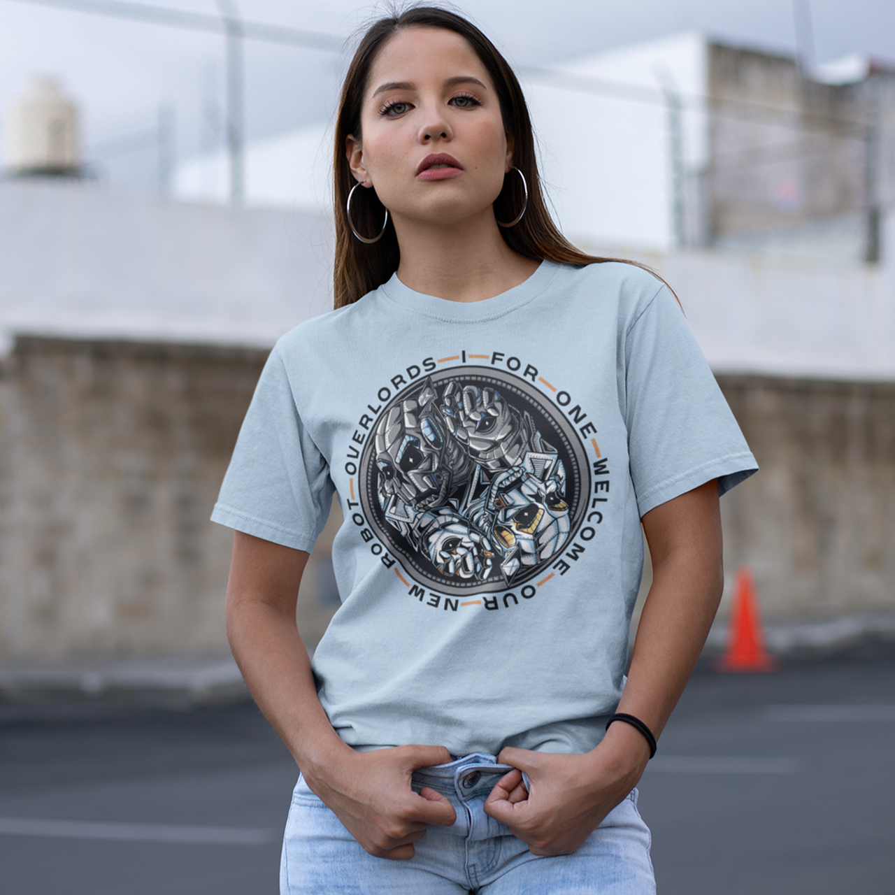 Light blue t-shirt of a robot yin yang with text around "I FOR ONE WELCOME OUR NEW ROBOT OVERLORDS".