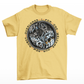 Yellow t-shirt of a robot yin yang with text around "I FOR ONE WELCOME OUR NEW ROBOT OVERLORDS".