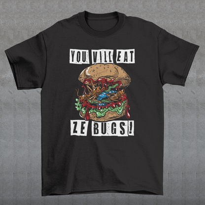 Imagine a t-shirt that challenges perceptions with its bold graphic: a grotesque bug burger, a monstrous assembly of insects that looks simultaneously repulsive and intriguing. The center of attention is this repugnant yet oddly compelling creation that dares you to reconsider your culinary norms.