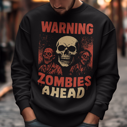 Step into the apocalypse in style with this bold zombie-themed sweatshirt! Featuring a chilling design of creepy, undead zombies, it’s framed by the warning signs you can’t ignore: “WARNING” across the top and “ZOMBIES AHEAD” below. Perfect for horror fans, Halloween lovers, or anyone who enjoys a touch of the macabre, this shirt is sure to grab attention wherever you go.