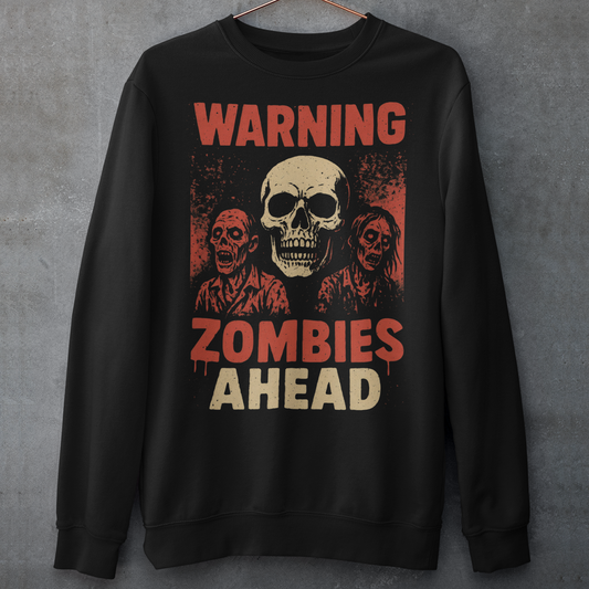Step into the apocalypse in style with this bold zombie-themed sweatshirt! Featuring a chilling design of creepy, undead zombies, it’s framed by the warning signs you can’t ignore: “WARNING” across the top and “ZOMBIES AHEAD” below. Perfect for horror fans, Halloween lovers, or anyone who enjoys a touch of the macabre, this shirt is sure to grab attention wherever you go.