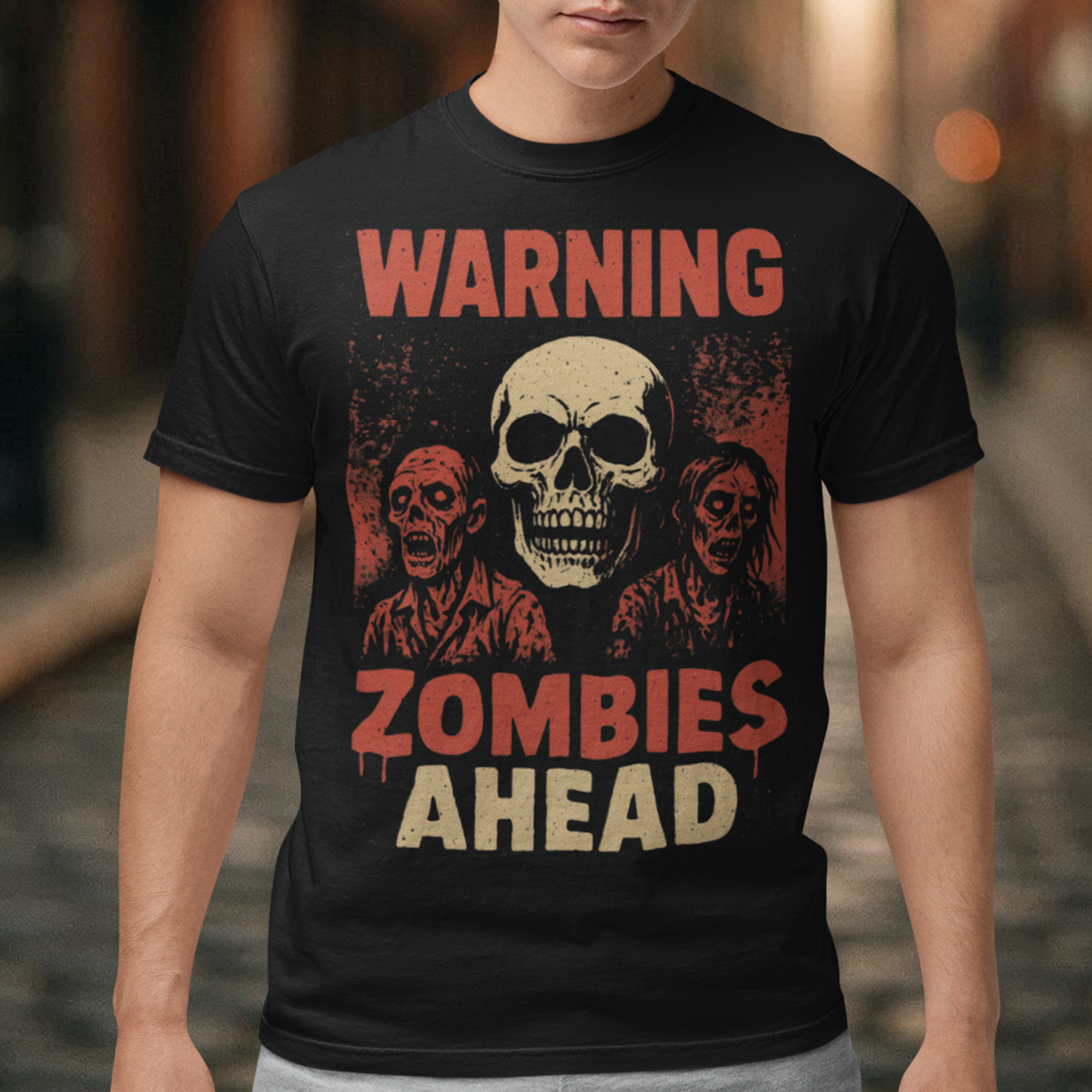 Step into the apocalypse in style with this bold zombie-themed t-shirt! Featuring a chilling design of creepy, undead zombies, it’s framed by the warning signs you can’t ignore: “WARNING” across the top and “ZOMBIES AHEAD” below. Perfect for horror fans, Halloween lovers, or anyone who enjoys a touch of the macabre, this shirt is sure to grab attention wherever you go.