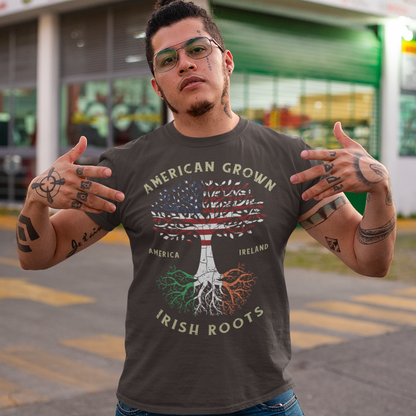 The American Grown Irish Roots Tree of Life t-shirt design is a unique and symbolic representation of the wearer's heritage and connection to the earth. The design features a tree with roots that spread out and intertwine, representing the strength and resilience of Irish culture and its deep connection to the land. The trunk of the tree is made up of the American flag, symbolizing the wearer's pride in their American identity and their Irish heritage, which is a part of the American culture.